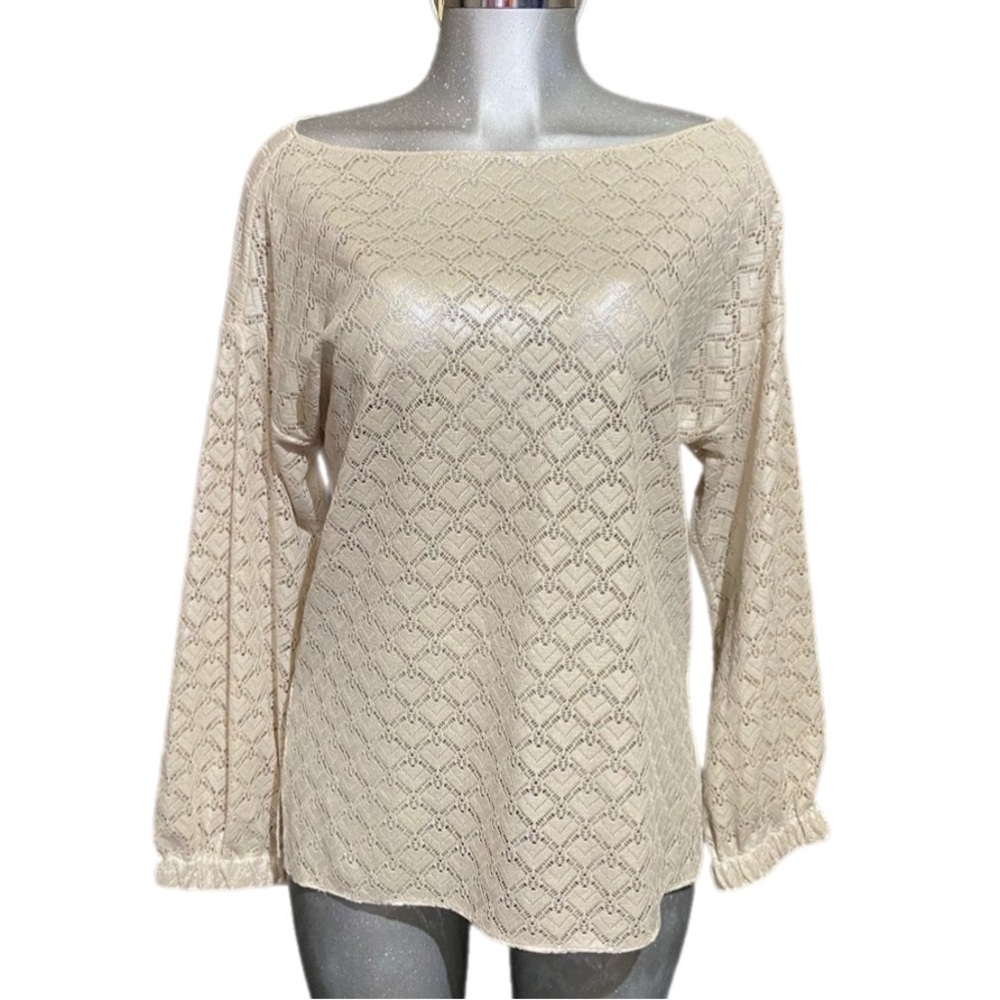David Peck Cream Lace Open Knit Top Blouse Long Sleeve Bohemian Eyelet Sz Large